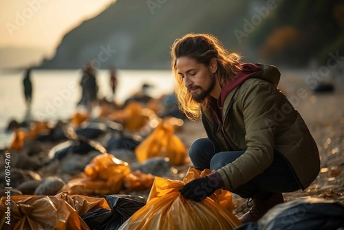 Young man doing plastic collection on beach  beach cleanup  process of removing solid garbage  dense chemicals  and organic waste deposited on beach or shoreline by tide  local visitors or tourists