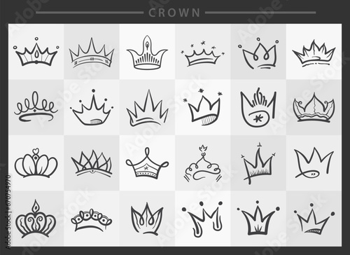Doodle crown. Line art king or queen crown, beautiful and luxury decals vector illustration set. Hand drawn royal head accessories pack stock illustration photo