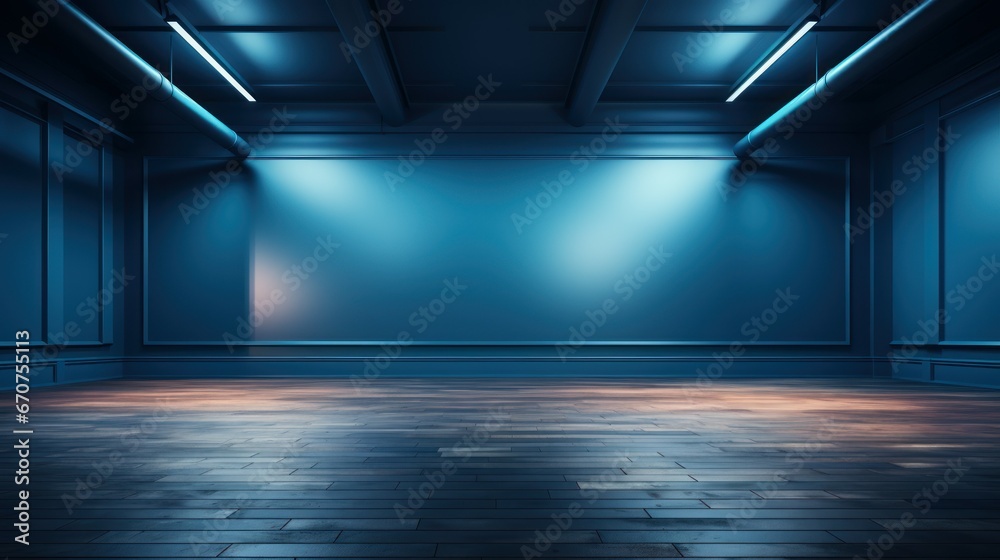 An empty Studio Space with Cool Blue Walls and a Tiled Floor