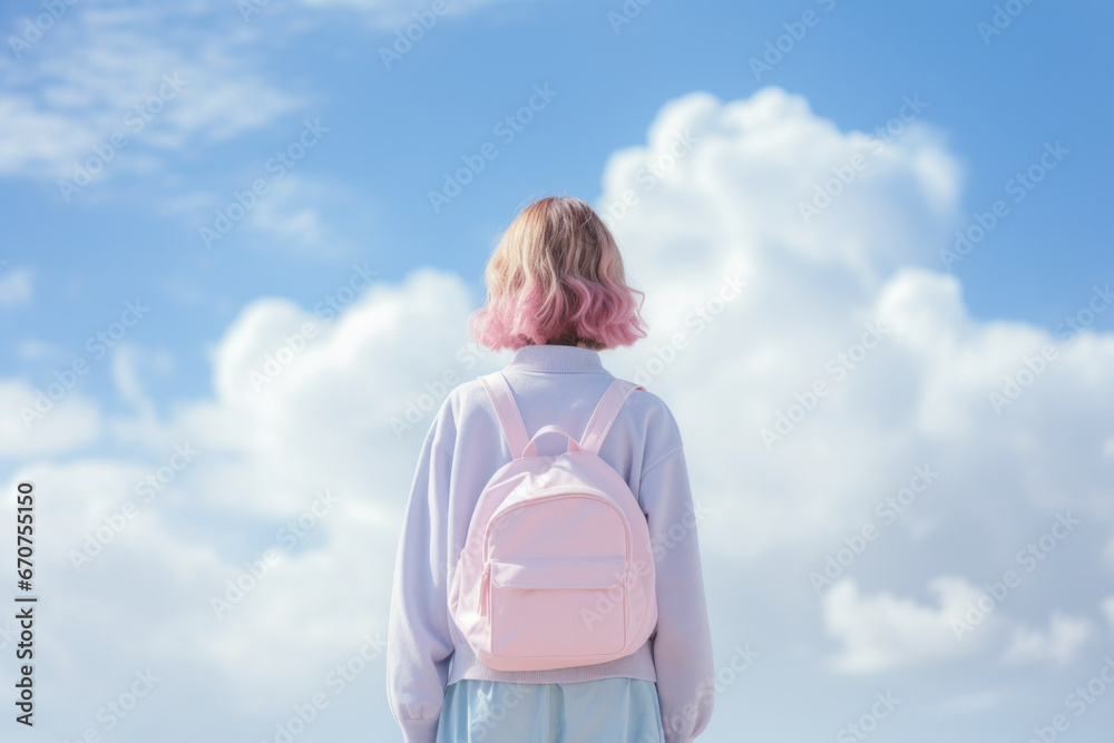 Fototapeta premium Beautiful, young girl with a bag among the clouds in the blue sky. Pastel rainbow colors. Happiness, ease, calmness.