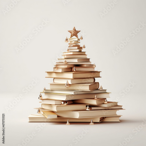 Colorful books arranged in the shape of a Christmas tree on pastel beige background. Creative Chirstmas scene in a minimalist style. Holiday book sale or black friday concept.