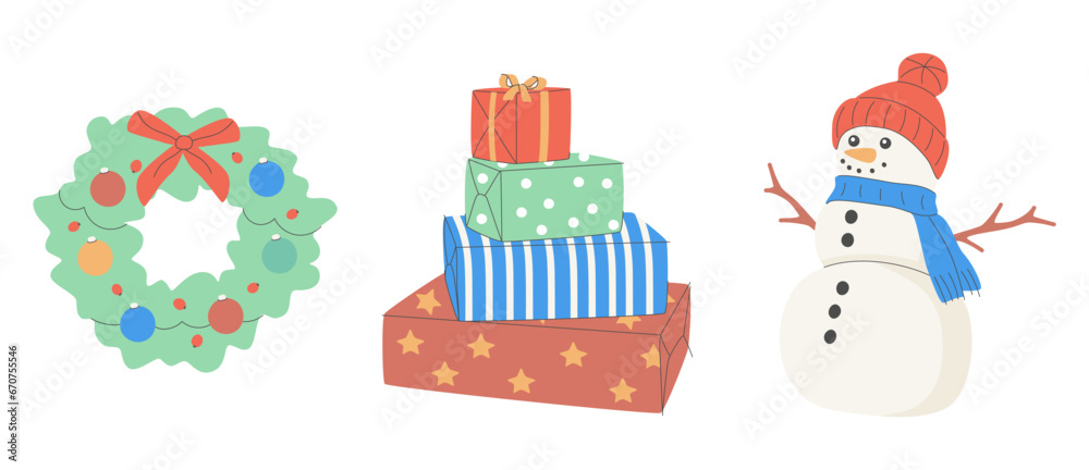 New Year's set, with cute elements for design. Christmas tree, santa, deer, gingerbread, candle, snow ball, Christmas