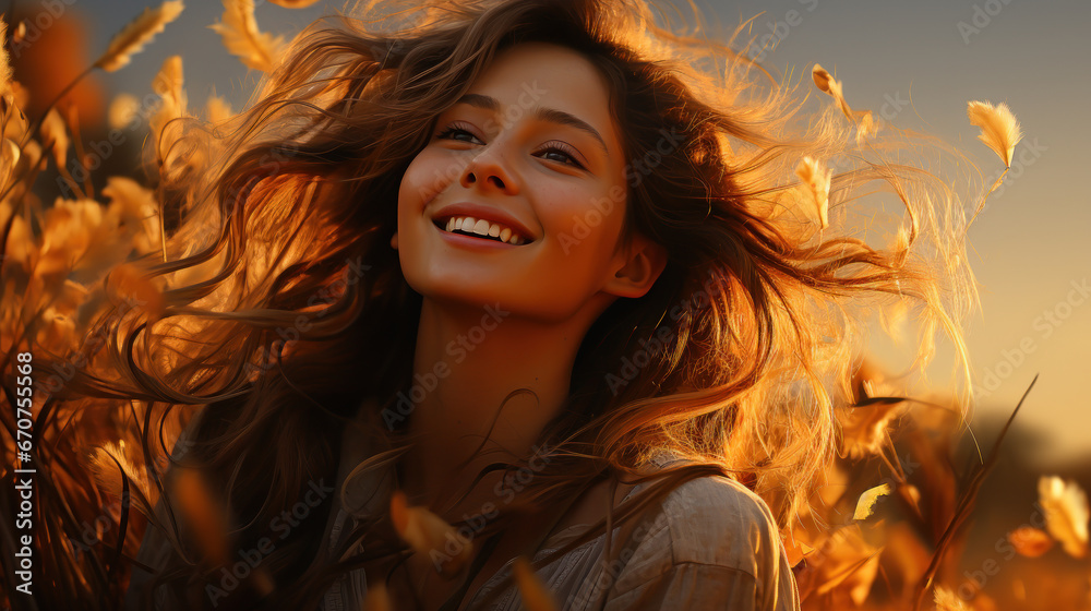 Sunset Bliss: A Photo-Realistic Portrait of a Young Woman. Generative AI