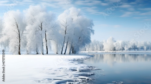 snowy trees and snow covered lake with trees, in the style of realistic yet ethereal, silver and azure. generative AI © yj