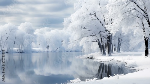snowy trees and snow covered lake with trees, in the style of realistic yet ethereal, silver and azure. generative AI © yj