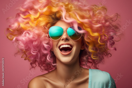 Beautiful smiling woman in pastel rainbow colors. Pastel yellow, pink and blue. Concept of youth, beauty, happiness and fashion.