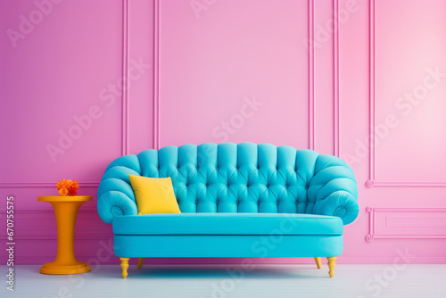 Interior in pastel yellow  pink and blue. Minimalism.