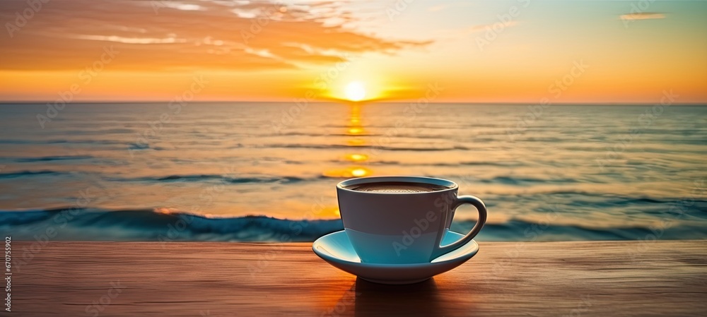Morning coffee by beach at sunrise. Seaside serenity. Sunset by ocean rustic wooden table. Beachside. Mug against sky and sea