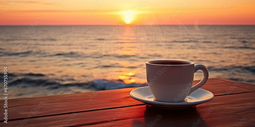 Morning coffee by beach at sunrise. Seaside serenity. Sunset by ocean rustic wooden table. Beachside. Mug against sky and sea Morning coffee by beach at sunrise. Seaside serenity. Sunset by ocean rustic wooden table. Beachside. Mug against sky and sea
