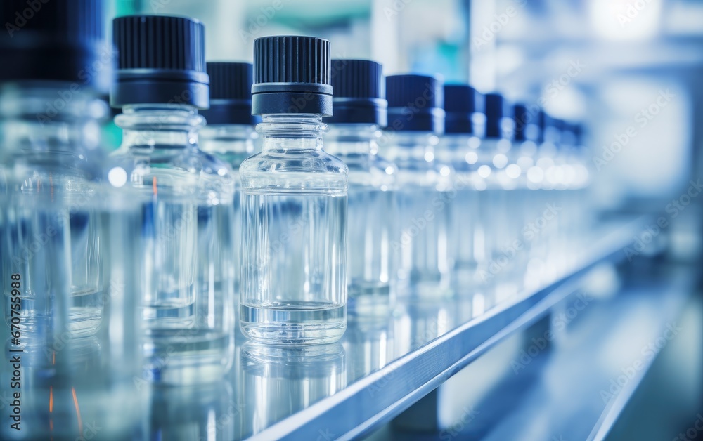 Medical vials on production line at pharmaceutical factory Medical vials on production line at pharmaceutical factory