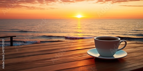 Morning coffee by beach at sunrise. Seaside serenity. Sunset by ocean rustic wooden table. Beachside. Mug against sky and sea