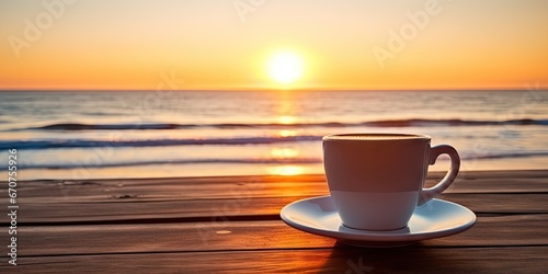 Morning coffee by beach at sunrise. Seaside serenity. Sunset by ocean rustic wooden table. Beachside. Mug against sky and sea
