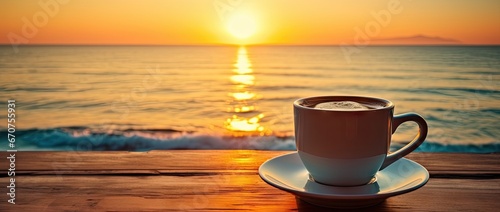 Morning coffee by beach at sunrise. Seaside serenity. Sunset by ocean rustic wooden table. Beachside. Mug against sky and sea © Wuttichai