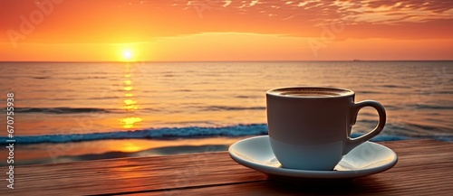 Morning coffee by beach at sunrise. Seaside serenity. Sunset by ocean rustic wooden table. Beachside. Mug against sky and sea