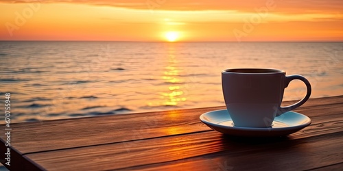 Morning coffee by beach at sunrise. Seaside serenity. Sunset by ocean rustic wooden table. Beachside. Mug against sky and sea