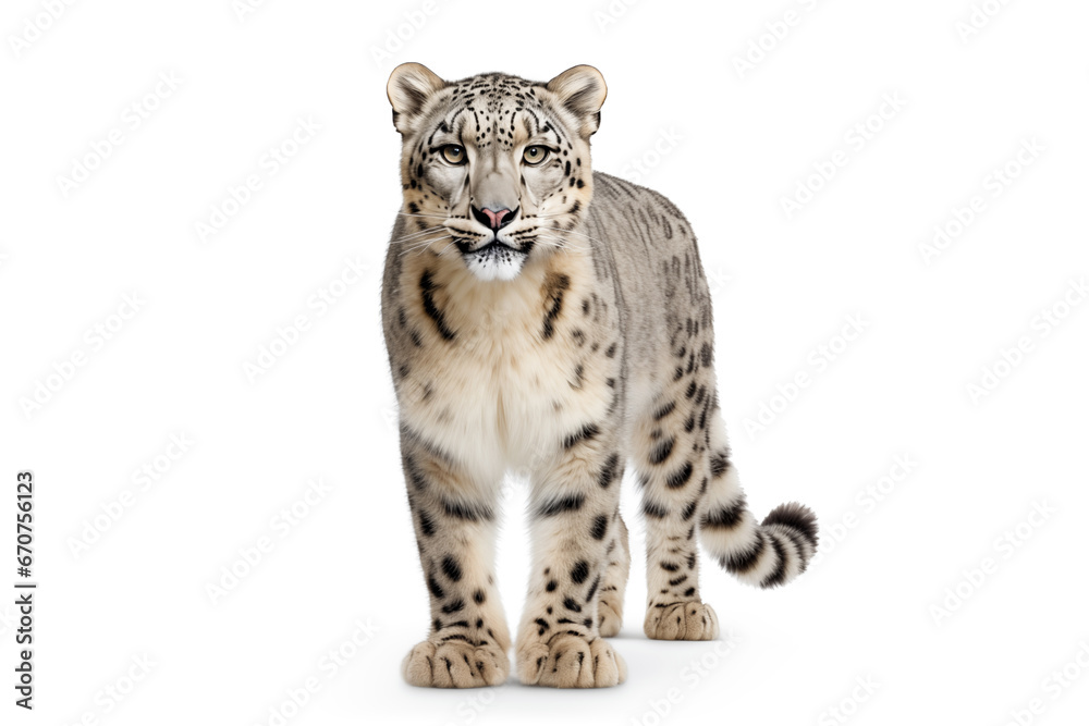 Beautiful snow leopard isolated on white background. AI generated content. Beautiful snow leopard isolated on white background. AI generated content.