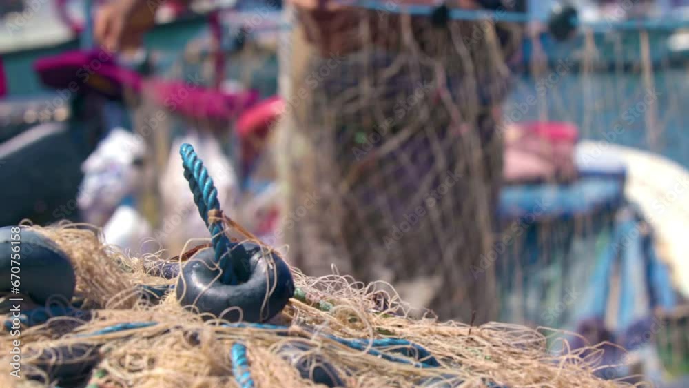 Preparing The Fishing Nets In The Port For Fishing Footage.