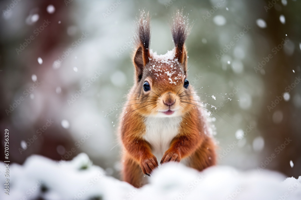 Cute red squirrel in the falling snow, animals in winter. High quality photo Cute red squirrel in the falling snow, animals in winter. High quality photo