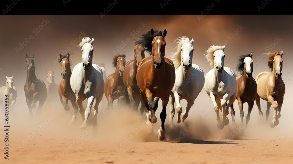 A herd of horses running on the sand storm - obrazy, fototapety, plakaty 