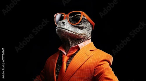 A humanoid lizard wearing a bright orange suit and