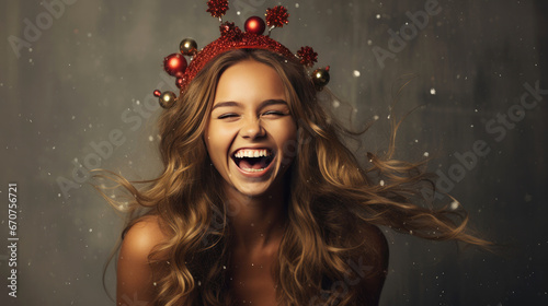 Laughing girl with ornaments on head made of Christmas balls photo