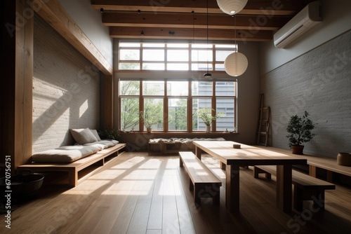 Living room in Loft in minimalist style is inspired by Japanese design. Architecture and Real estate, AI generative