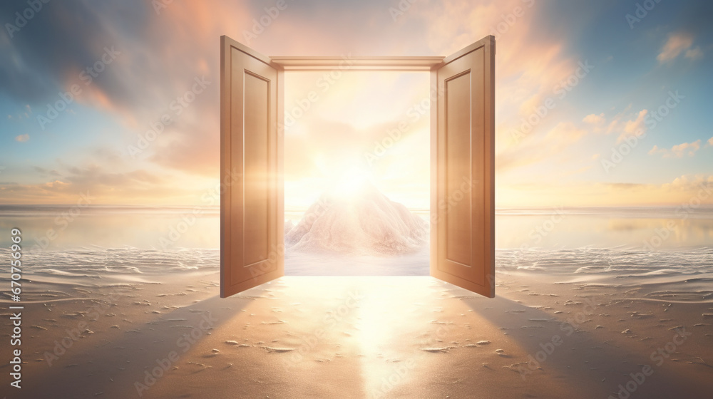 open door to heaven or paradise, new life or changes and opportunity concept, doorway to freedom - obrazy, fototapety, plakaty 