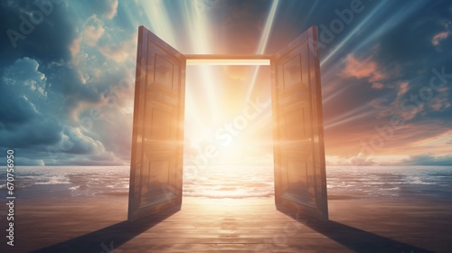 open door to heaven or paradise, new life or changes and opportunity concept, doorway to freedom photo