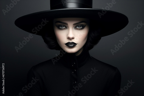 Woman in black on black background wearing black hat