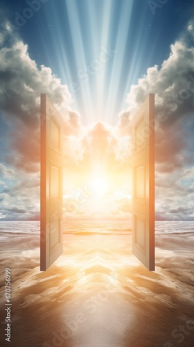 open door to heaven or paradise, new life or changes and opportunity concept, doorway to freedom