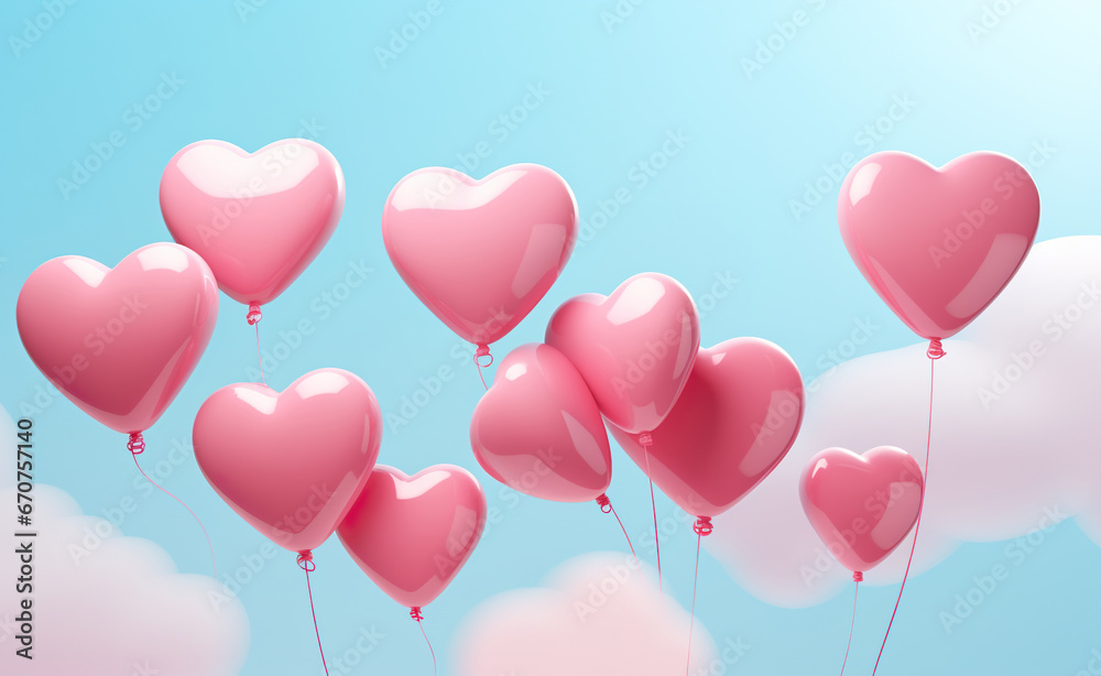 valentine gift card with pink balloons in shape of heart, romantic love concept