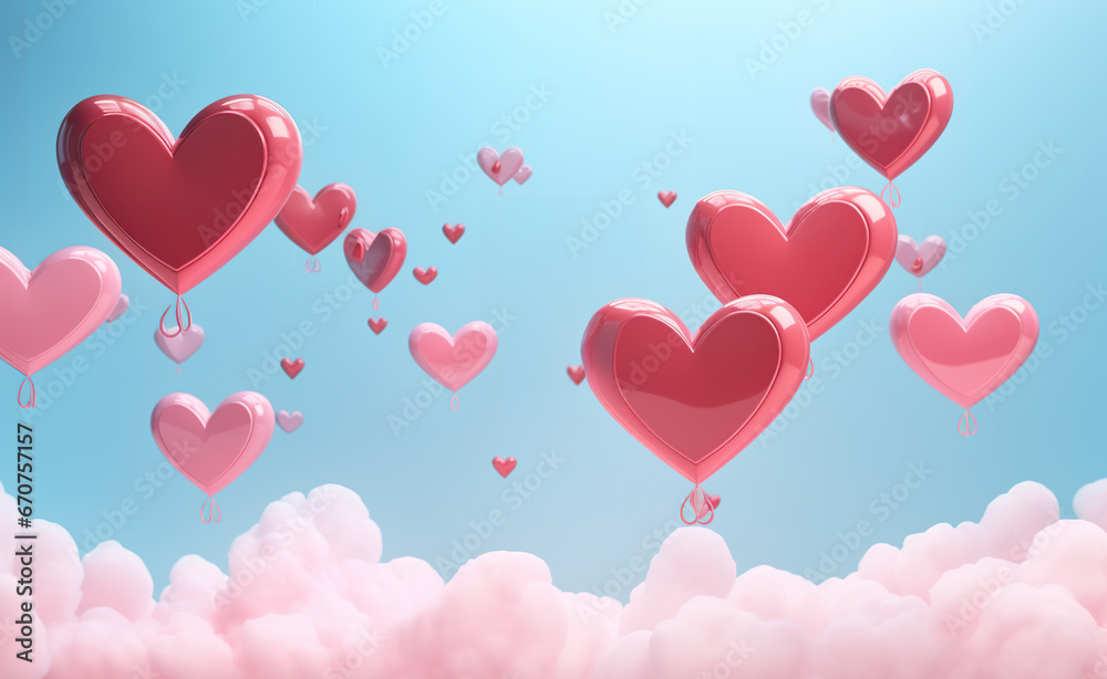 red and pink love shape balloons, valentine day hearts creative background, love and emotions concept