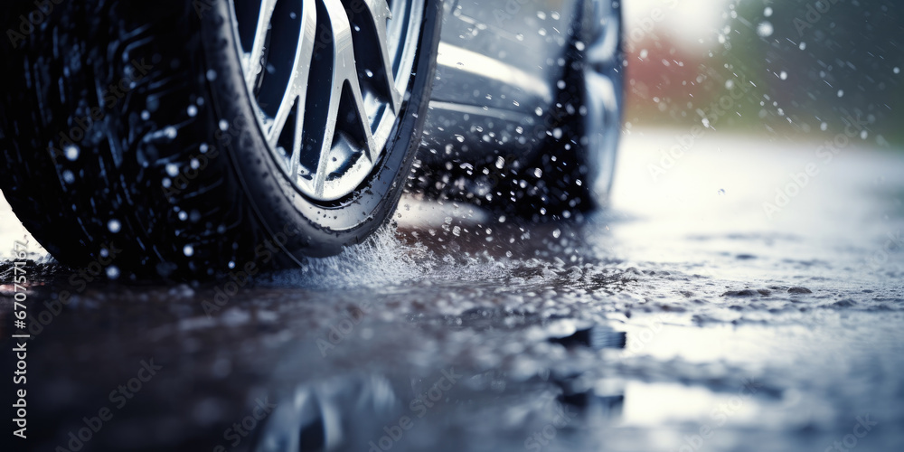 Car alloy wheels and tires, driving in wet conditions with water and puddle splashes - obrazy, fototapety, plakaty 