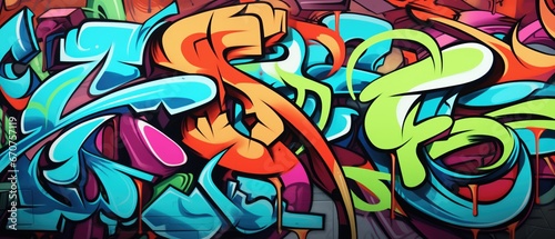 Vibrant colors come alive in this street art mural  expressing the artists creativity through a mix of text and graffiti. Full Frame 