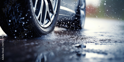 Car alloy wheels and tires, driving in wet conditions with water and puddle splashes photo