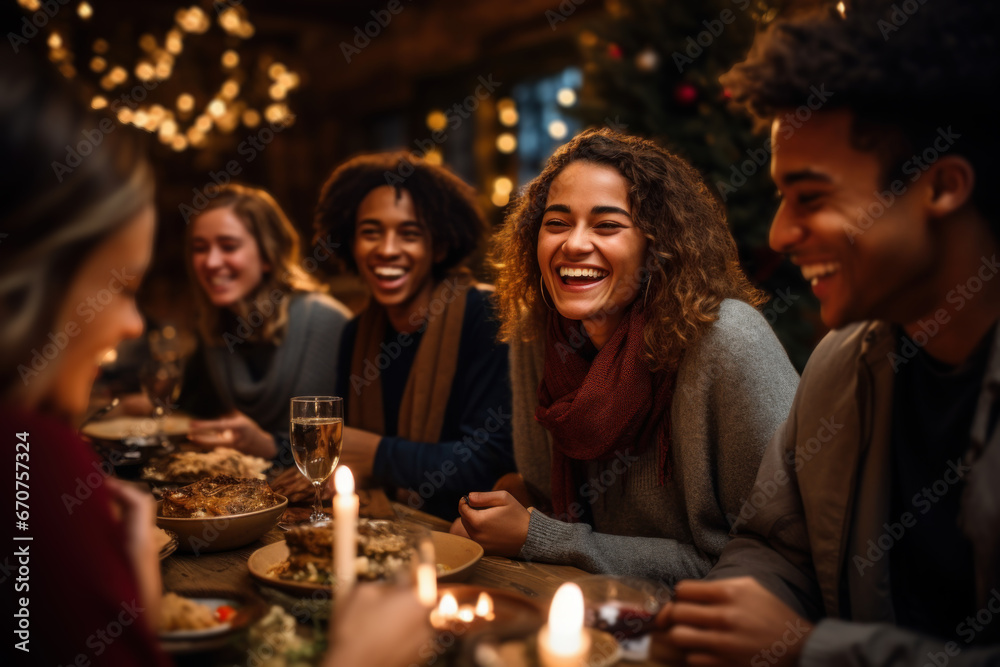 Celebratory moments unite a diverse group of friends as they partake in a Christmas dinner within the confines of their home. Generative Ai.