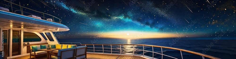 Banner painting panorama of the night sky from the deck of a luxury yacht in the ocean, background for your design