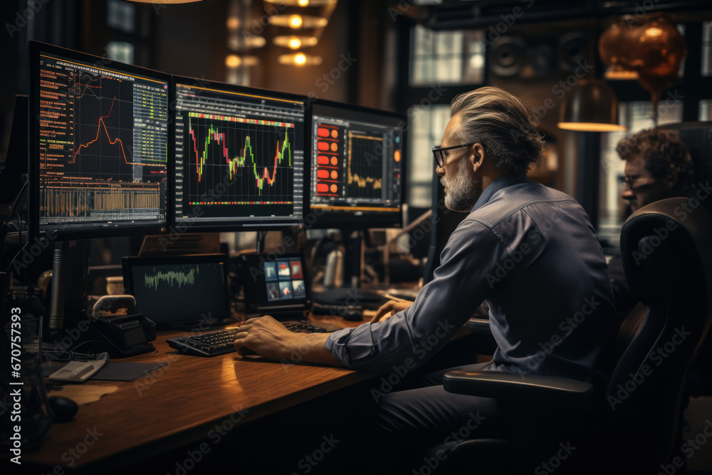 An investment strategy is meticulously crafted by a financial trade manager who delves into stock market indicators, charts, and financial data. Generative Ai.