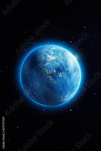 sunrise at atmosphere of blue planet in outer space, fantasy illustration