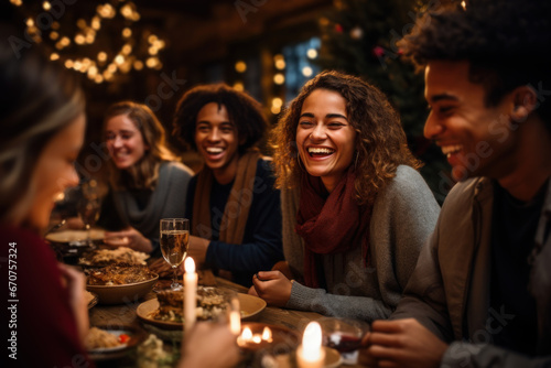Celebratory moments unite a diverse group of friends as they partake in a Christmas dinner within the confines of their home. Generative Ai.