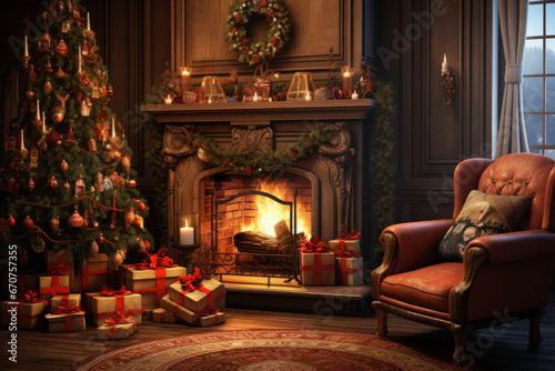 Vintage-style living room with a well-adorned fireplace and a Christmas tree, embodying the essence of the festive season. A Christmas greeting card is born. Generative Ai.