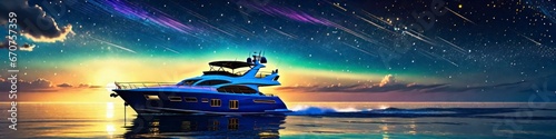 Banner abstract image of a lonely yacht in the ocean on the background of night starry sky