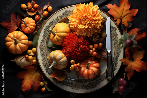 A picturesque autumn place setting emerges from above, featuring cutlery, an arrangement of autumn leaves, and decorative pumpkins. Generative Ai.