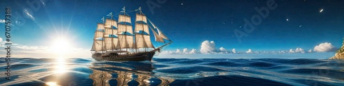 Banner abstract image of a four-masted sailing ship in the ocean, background for your design