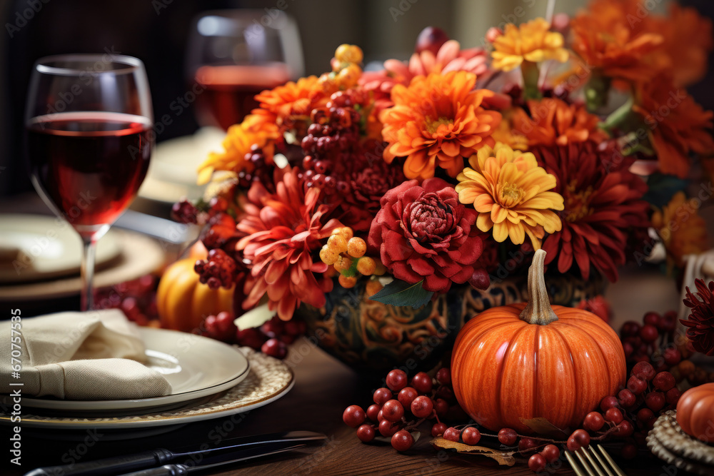 Autumn's touch graces a beautifully set table with fall leaves, napkins, and pumpkins, accompanied by silverware. A Thanksgiving table setting with an arrangement of autumn foliage. Generative Ai.