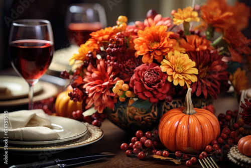 Autumn s touch graces a beautifully set table with fall leaves  napkins  and pumpkins  accompanied by silverware. A Thanksgiving table setting with an arrangement of autumn foliage. Generative Ai.