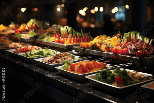 Patrons at a restaurant indulge in a buffet filled with a variety of meats  colorful fruits  and vegetables. People gather to enjoy a buffet indoors. Generative Ai.