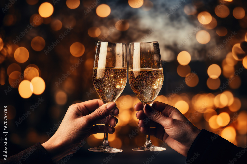 To celebrate the arrival of the New Year in 2024, people raise their champagne glasses against a backdrop of bokeh and holiday lights. Generative Ai.