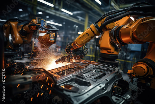 An engineer oversees and manages welding robotics' automatic arms in an automotive industrial facility. Generative Ai.