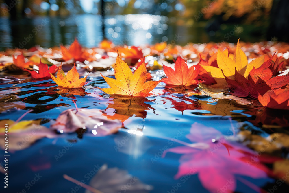 Colorful autumn leaves find their place in a pond, floating gracefully on the water's surface. This autumnal scene captures the beauty of fall's foliage, set against a sunny backdrop. Generative Ai.